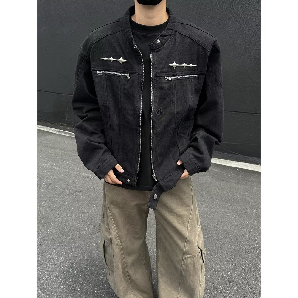 Retro Washed Padded Shoulder Short Patchwork Denim Jacket for Men